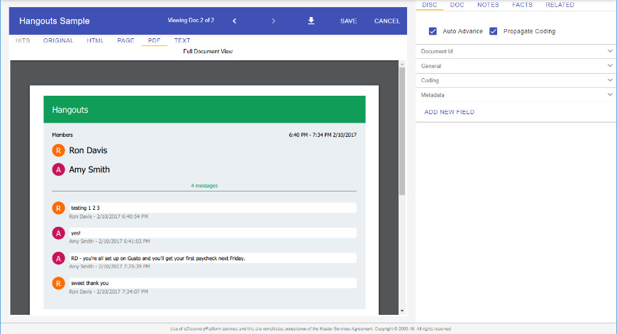 Example of Google Hangout instant messages in the Lexbe eDiscovery Platform
