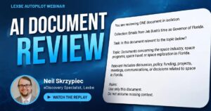 Promotional banner for Lexbe AI Document Review webinar with a blue gradient background, large title, speaker photo, and a 'Watch the Replay' button.