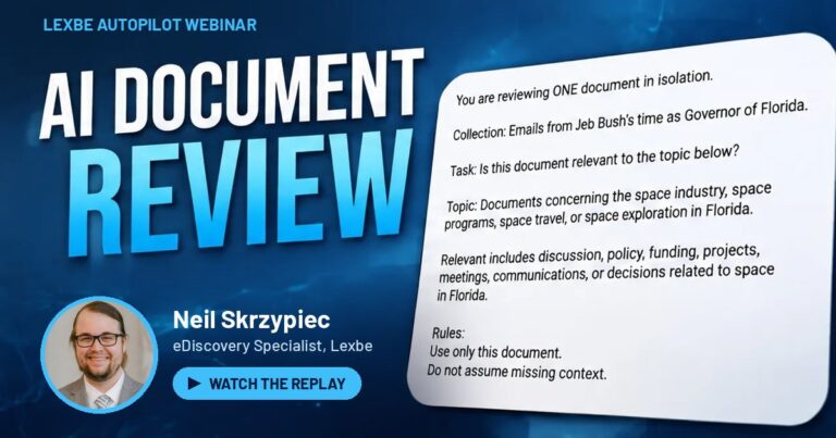 Promotional banner for Lexbe AI Document Review webinar with a blue gradient background, large title, speaker photo, and a 'Watch the Replay' button.