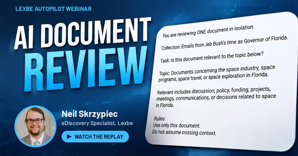 Promotional banner for Lexbe AI Document Review webinar with a blue gradient background, large title, speaker photo, and a 'Watch the Replay' button.